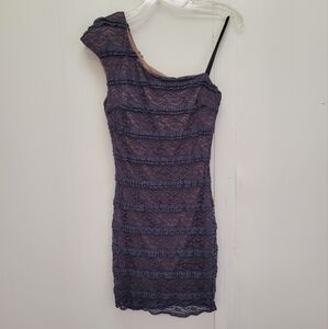 Bloom One Shoulder Metallic Ruffle Lace Mini Dress